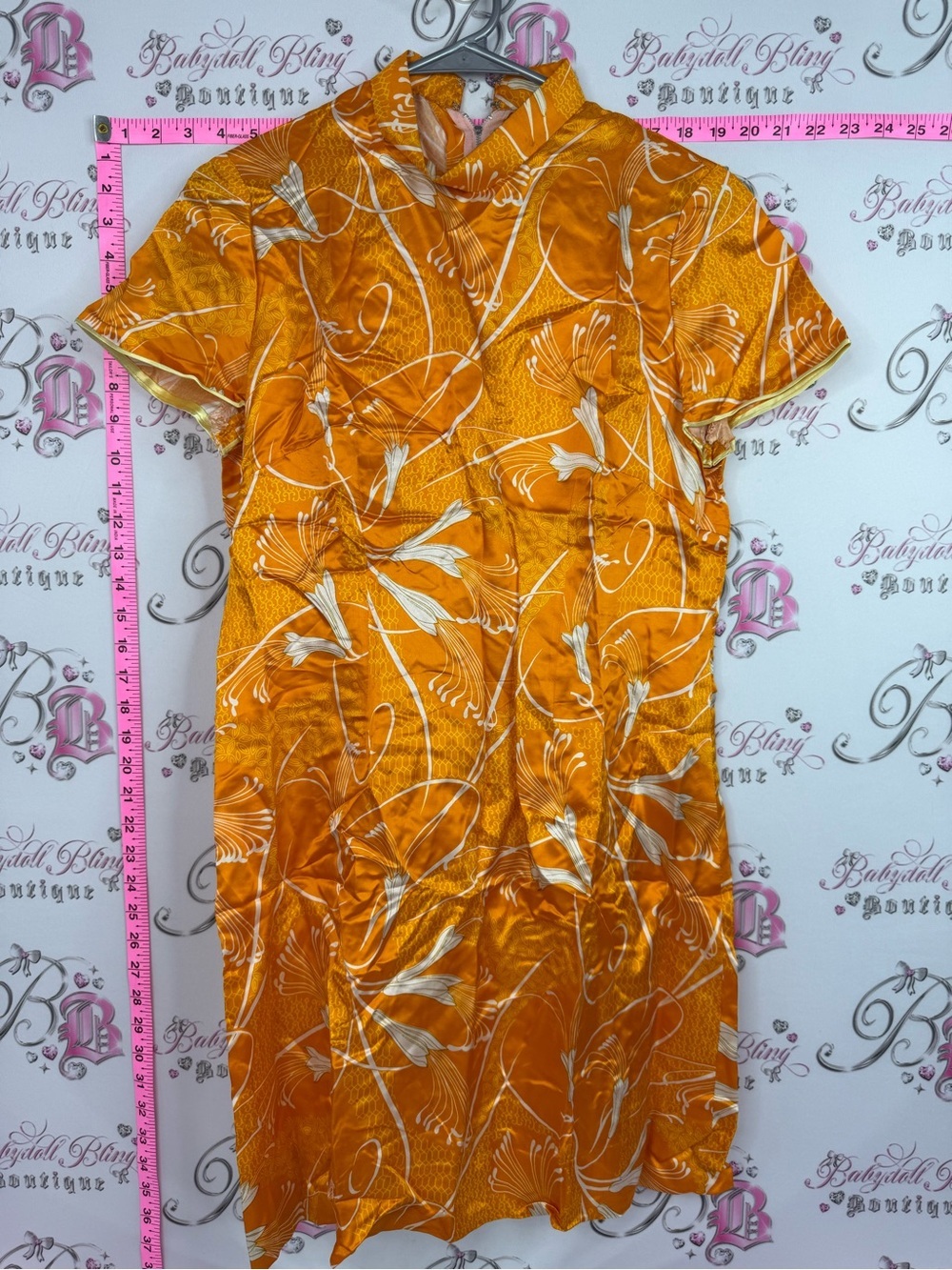 Oriental dress shiny Orange Floral Cheongsam Dress